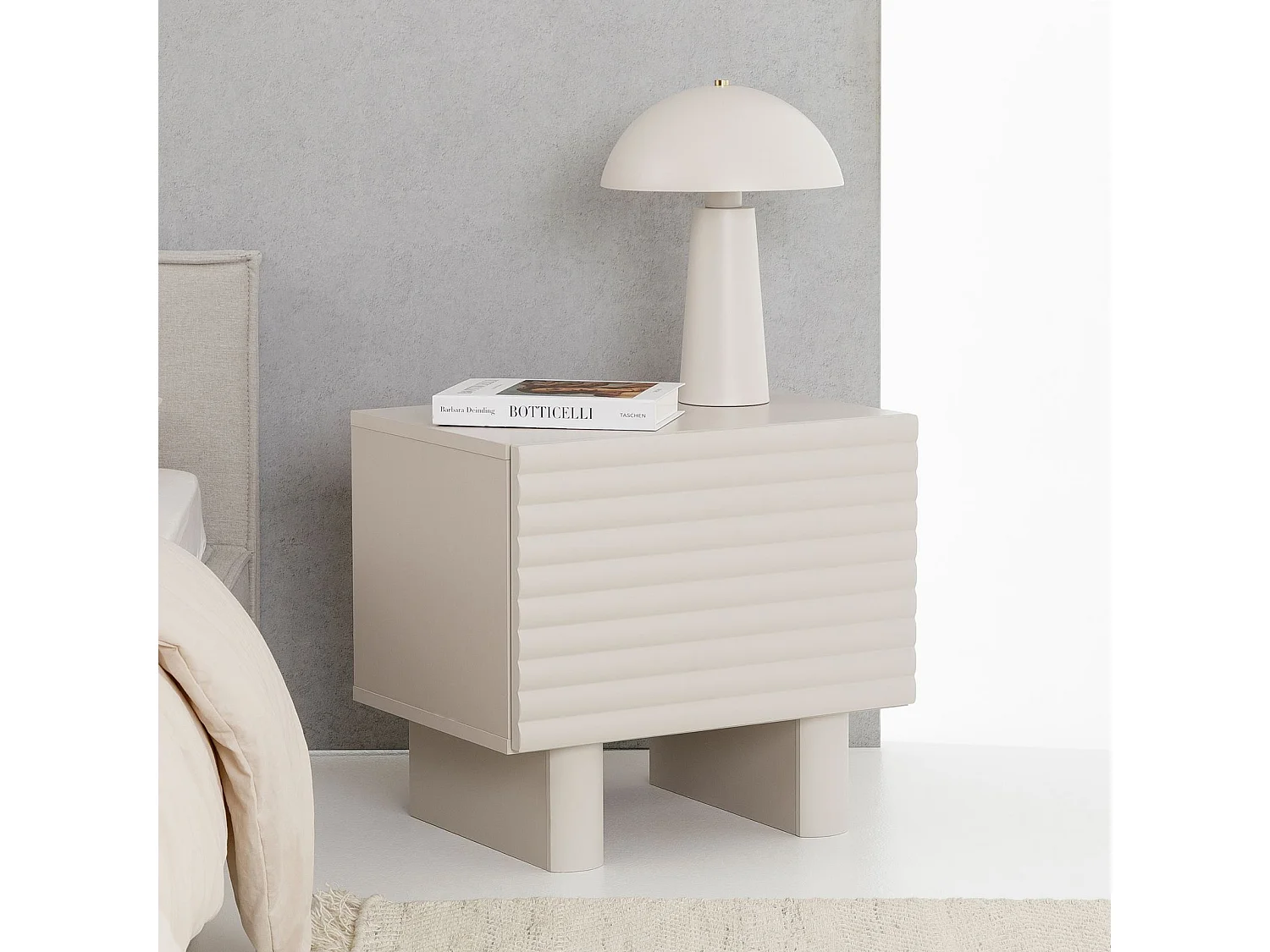 Table de chevet TURKU H 46 cm avec 1 Porte Style Cannelé, Couleur Blanc Cachemire, Design Moderne