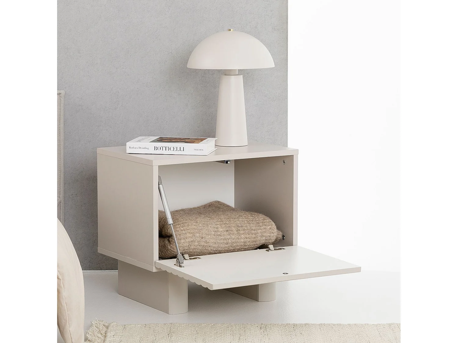 Table de chevet TURKU H 46 cm avec 1 Porte Style Cannelé, Couleur Blanc Cachemire, Design Moderne