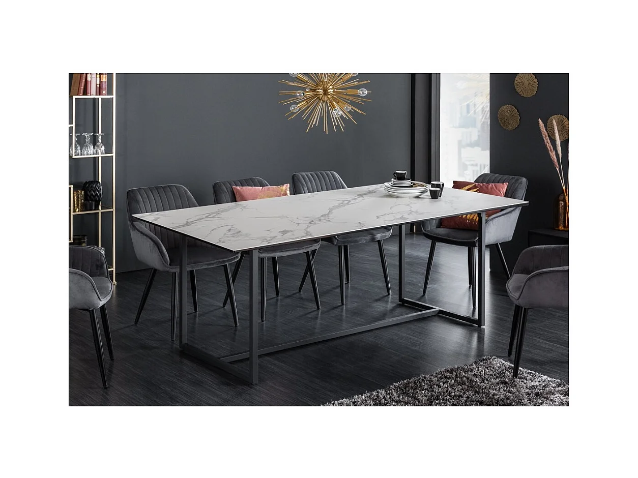 Table de salle à manger SIRAVA – Rectangulaire 200 cm – Effet marbre blanc et structure métal