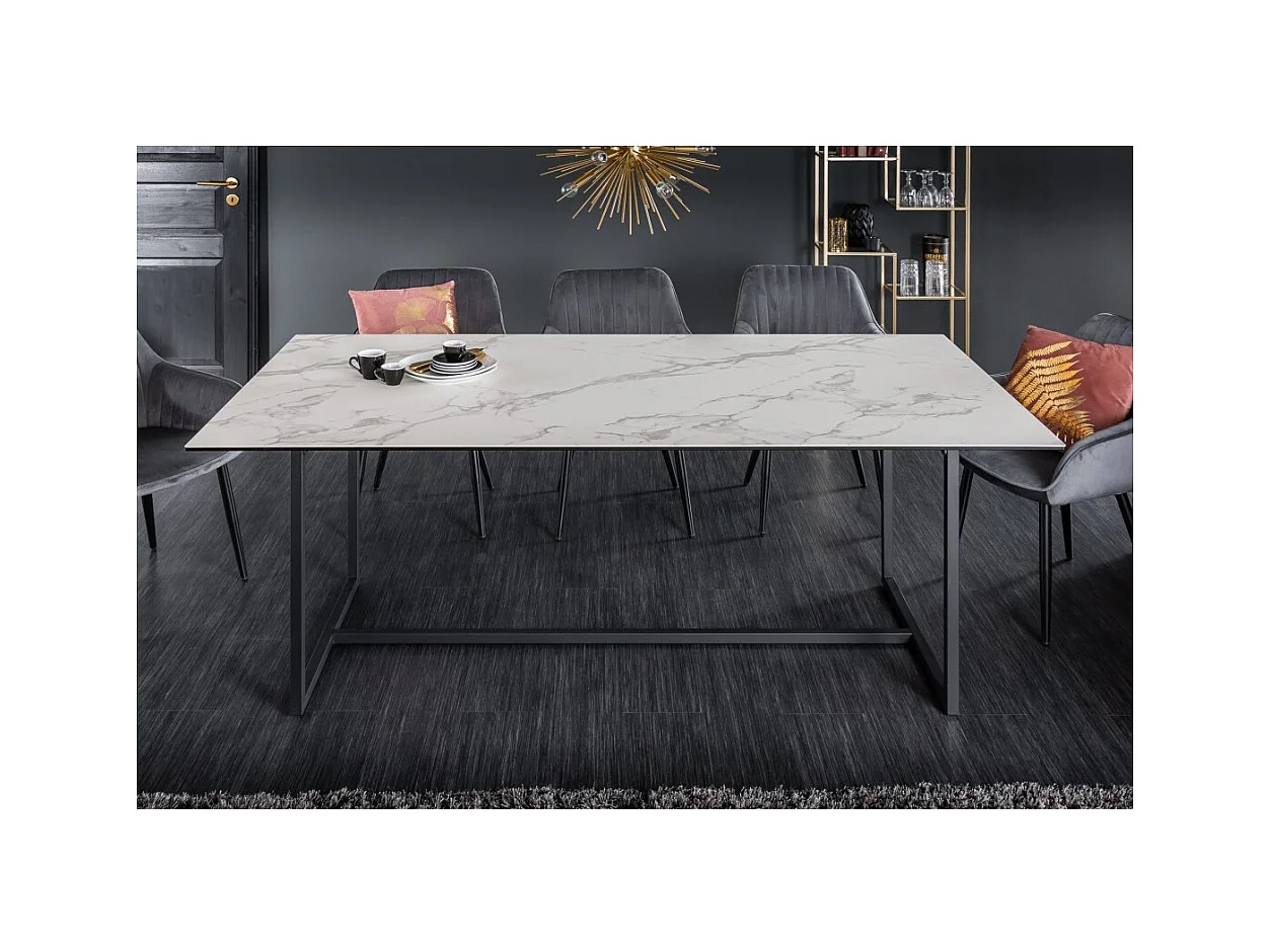 Table de salle à manger SIRAVA – Rectangulaire 200 cm – Effet marbre blanc et structure métal