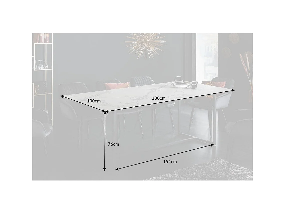 Table de salle à manger SIRAVA – Rectangulaire 200 cm – Effet marbre blanc et structure métal