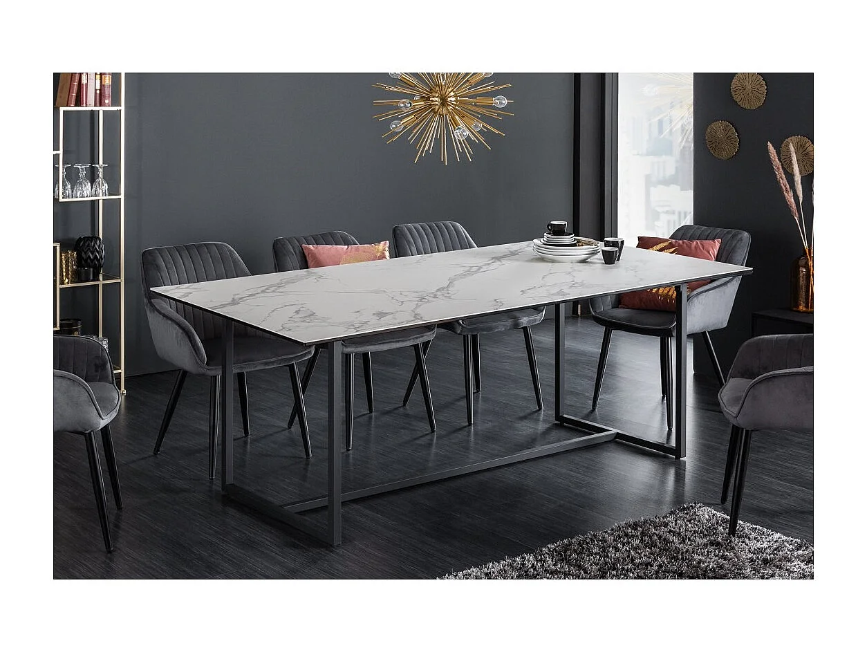 Table de salle à manger SIRAVA – Rectangulaire 200 cm – Effet marbre blanc et structure métal