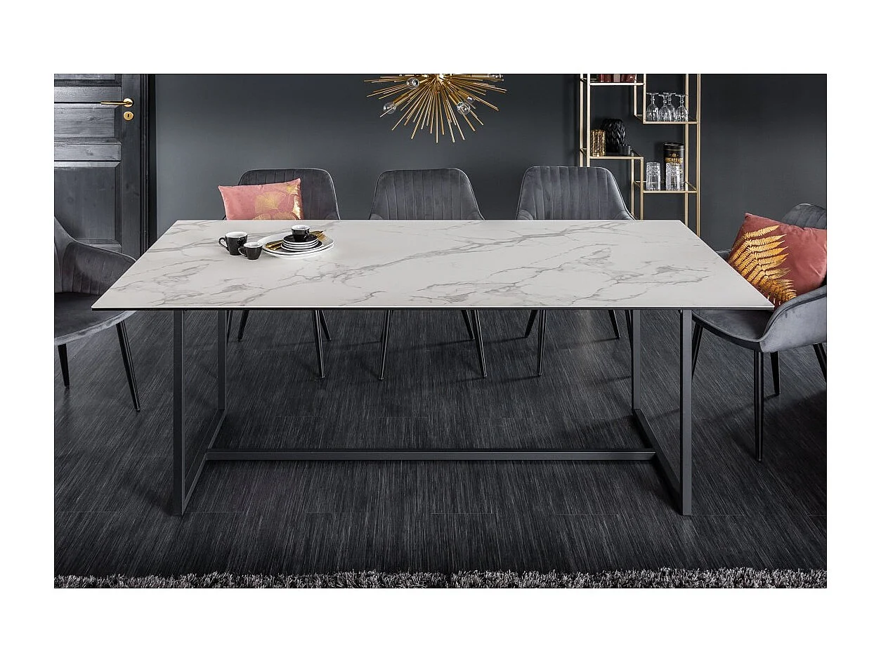 Table de salle à manger SIRAVA – Rectangulaire 200 cm – Effet marbre blanc et structure métal