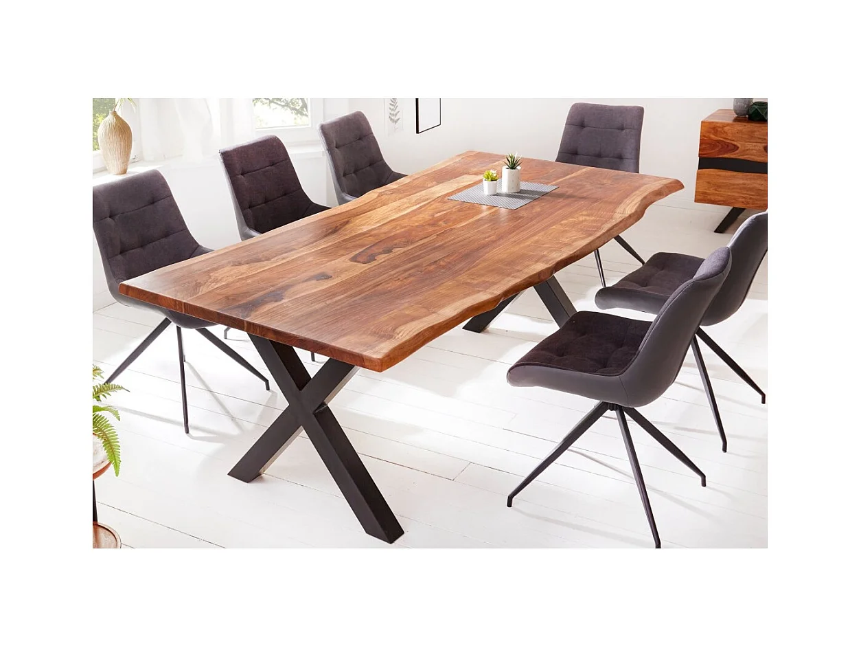 Table de salle à manger ORKAN – Bois massif de sheesham verni et métal – Pied en X – 200 cm