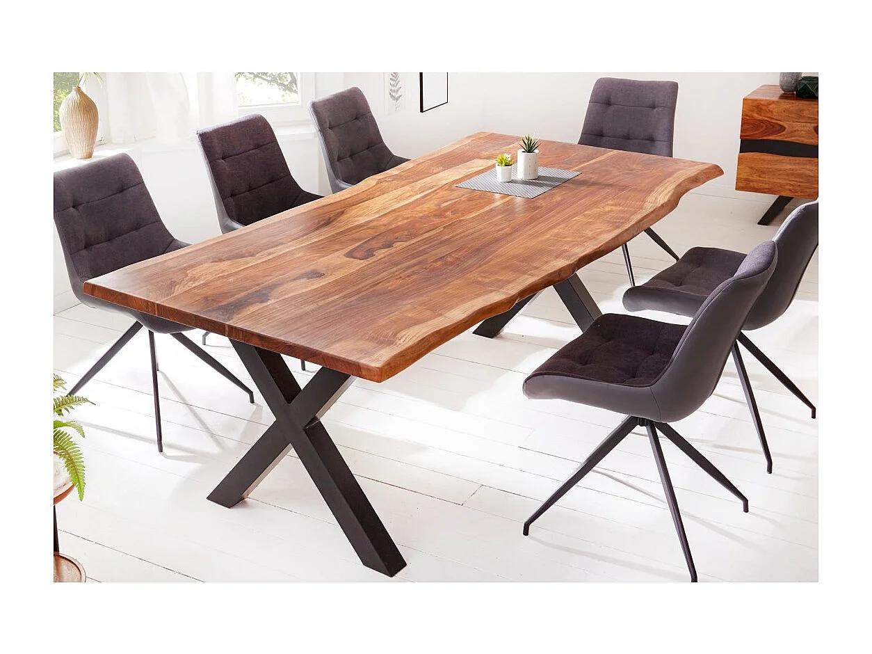 Table de salle à manger ORKAN – Bois massif de sheesham verni et métal – Pied en X – 200 cm