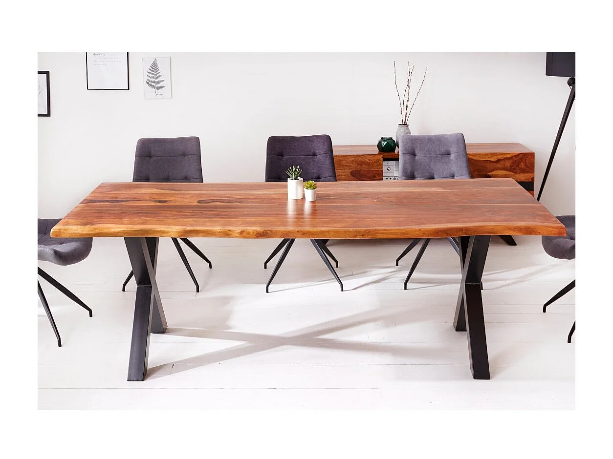 Table de salle à manger ORKAN – Bois massif de sheesham verni et métal – Pied en X – 200 cm