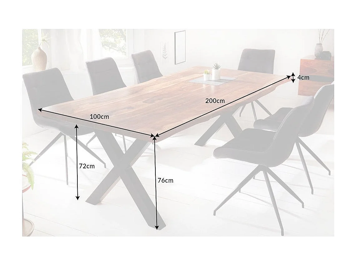 Table de salle à manger ORKAN – Bois massif de sheesham verni et métal – Pied en X – 200 cm