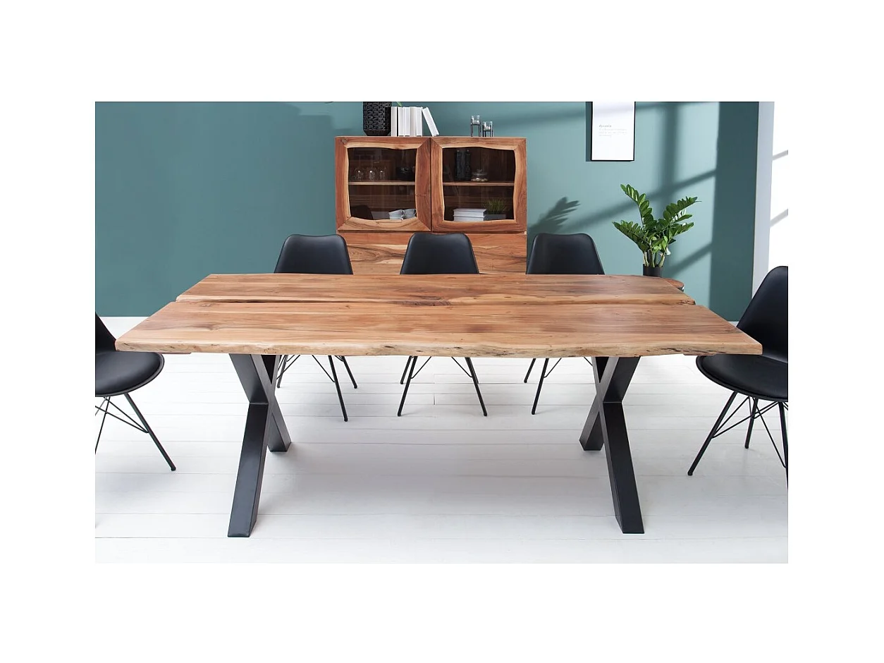 Table de salle à manger ORKAN – Bois massif d'acacia verni et métal noir – 200 cm – Style industriel