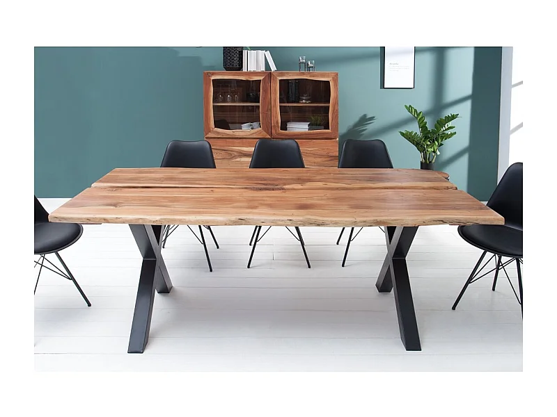 Table de salle à manger ORKAN – Bois massif d'acacia verni et métal noir – 200 cm – Style industriel