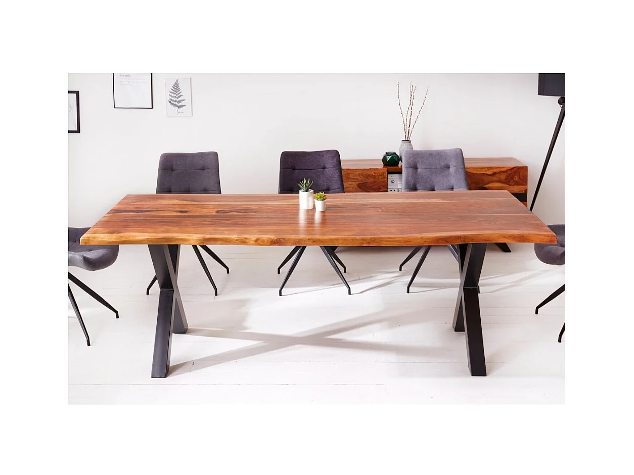 Table de salle à manger ORKAN – 180 cm – Bois massif de sheesham verni et métal – Bord naturel