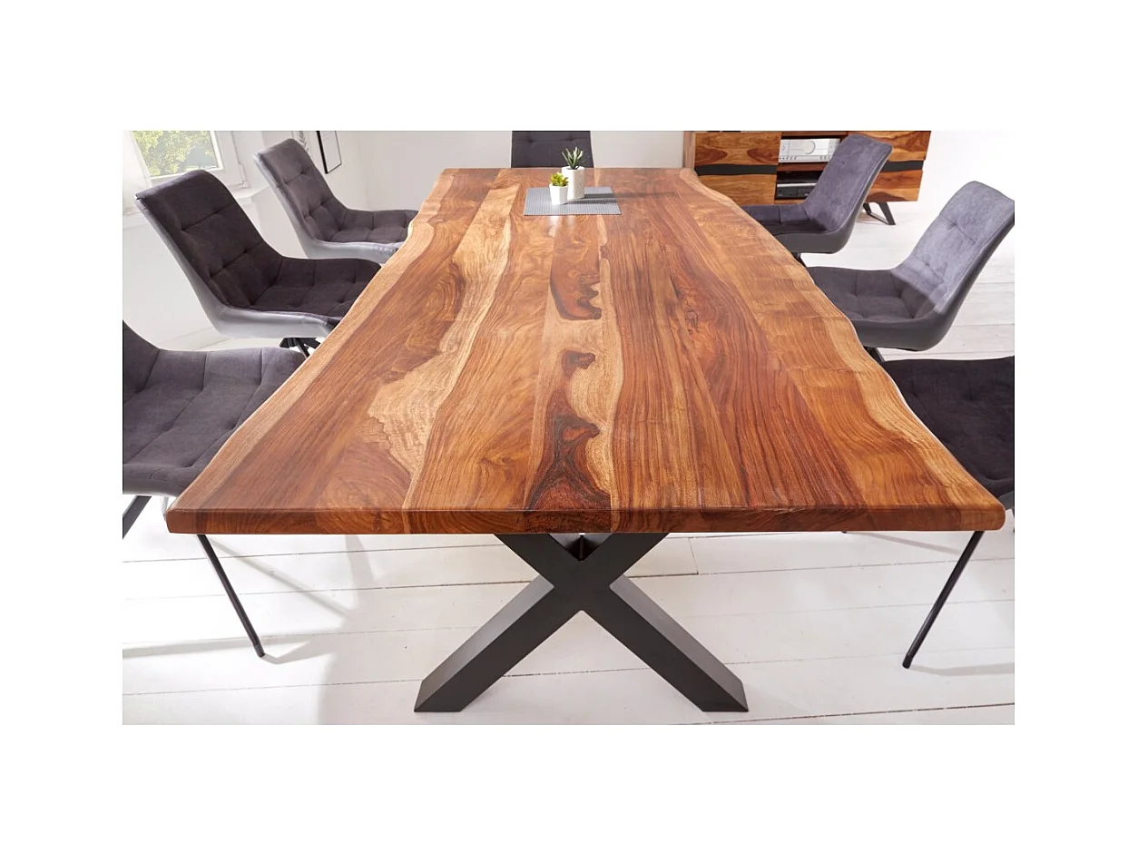 Table de salle à manger ORKAN – 180 cm – Bois massif de sheesham verni et métal – Bord naturel