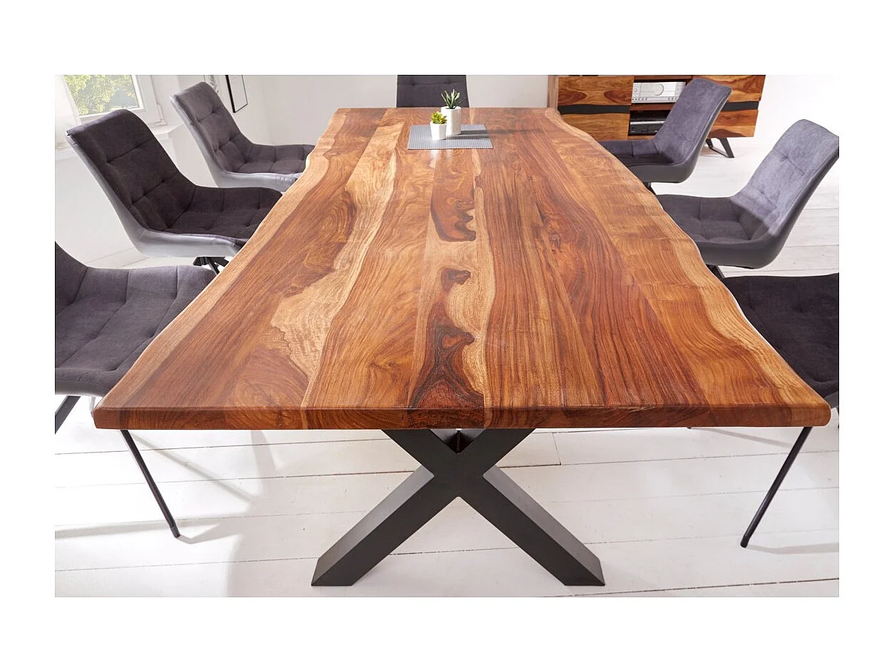 Table de salle à manger ORKAN – 180 cm – Bois massif de sheesham verni et métal – Bord naturel