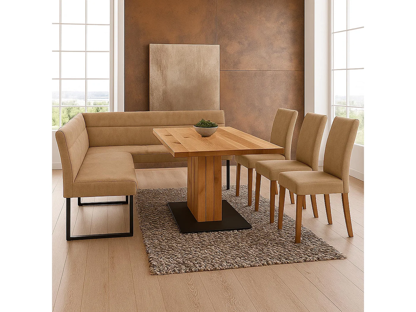 Panca angolare MCW-O81, sala da pranzo, stoffa ciniglia/tessuto Öko-Tex (310 g/m²) metallo 159 x 210 cm ~ marrone chiaro