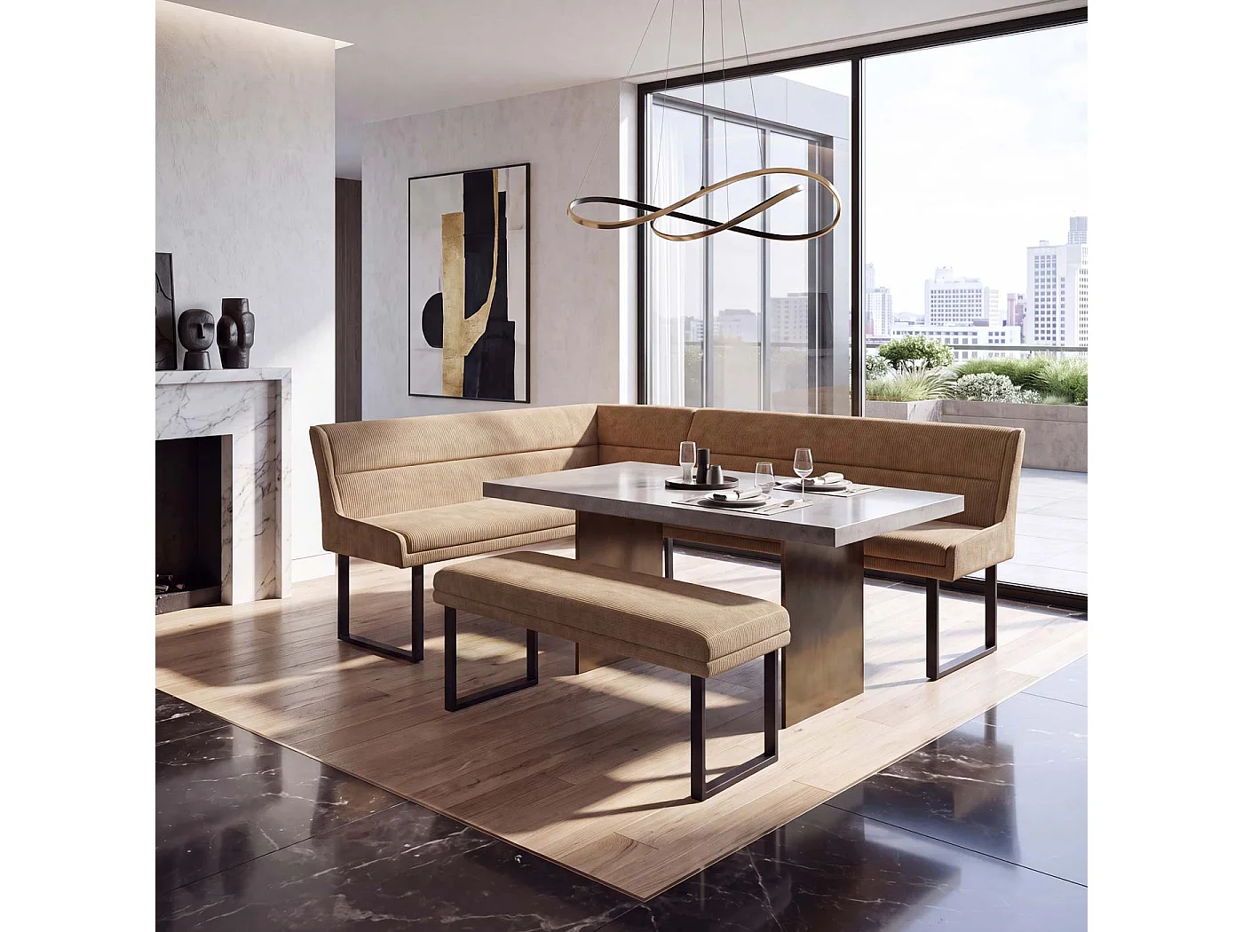 Panca angolare MCW-O81, sala da pranzo, stoffa ciniglia/tessuto Öko-Tex (310 g/m²) metallo 159 x 210 cm ~ marrone chiaro