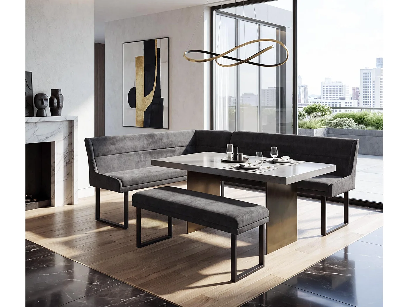 Panca angolare MCW-O81, sala da pranzo, stoffa ciniglia/tessuto Öko-Tex (310 g/m²) metallo 159 x 210 cm ~ grigio scuro