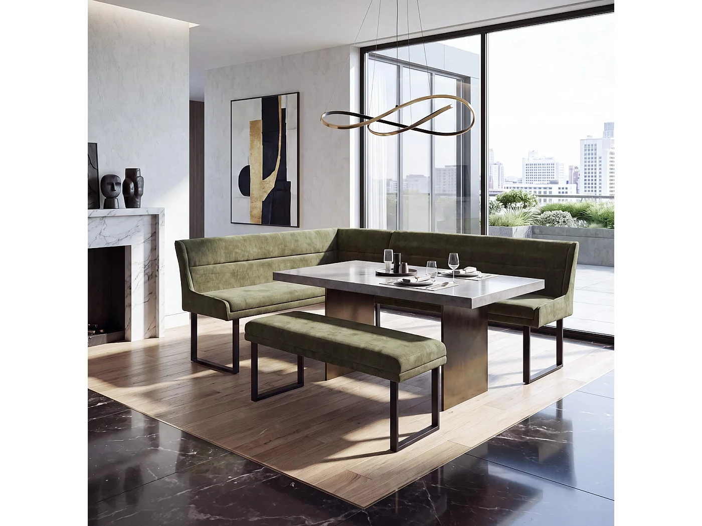 Panca angolare MCW-O81, sala da pranzo, stoffa ciniglia/tessuto Öko-Tex (310 g/m²) metallo 159 x 210 cm ~ verde