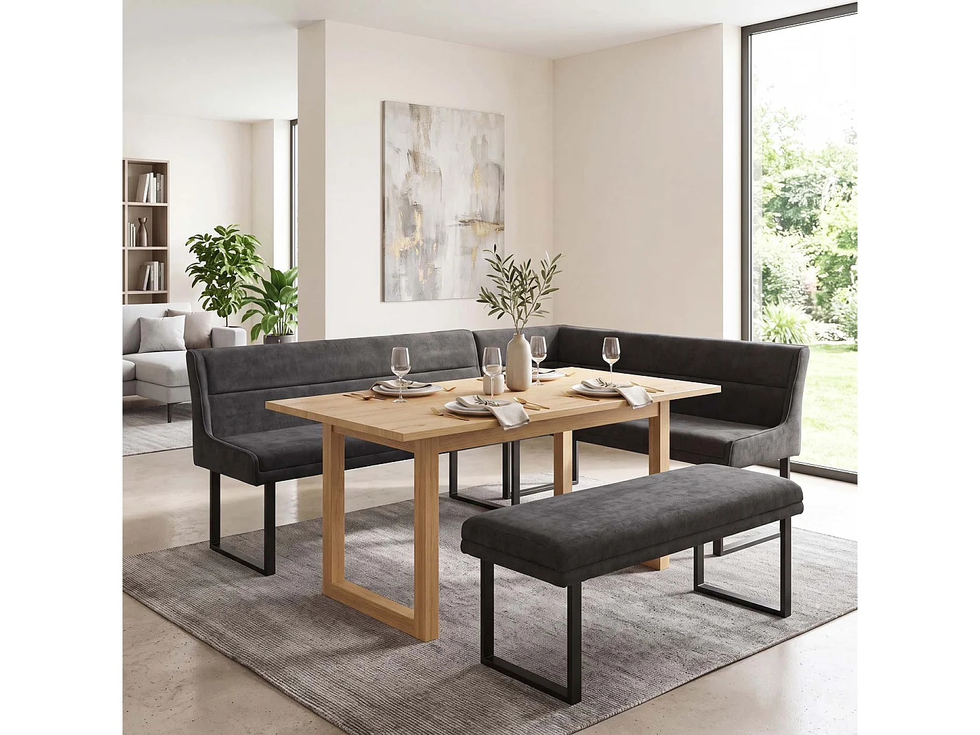 Panca angolare MCW-O81, sala da pranzo, stoffa ciniglia/tessuto Öko-Tex (310 g/m²) metallo 210 x 159 cm ~ grigio scuro