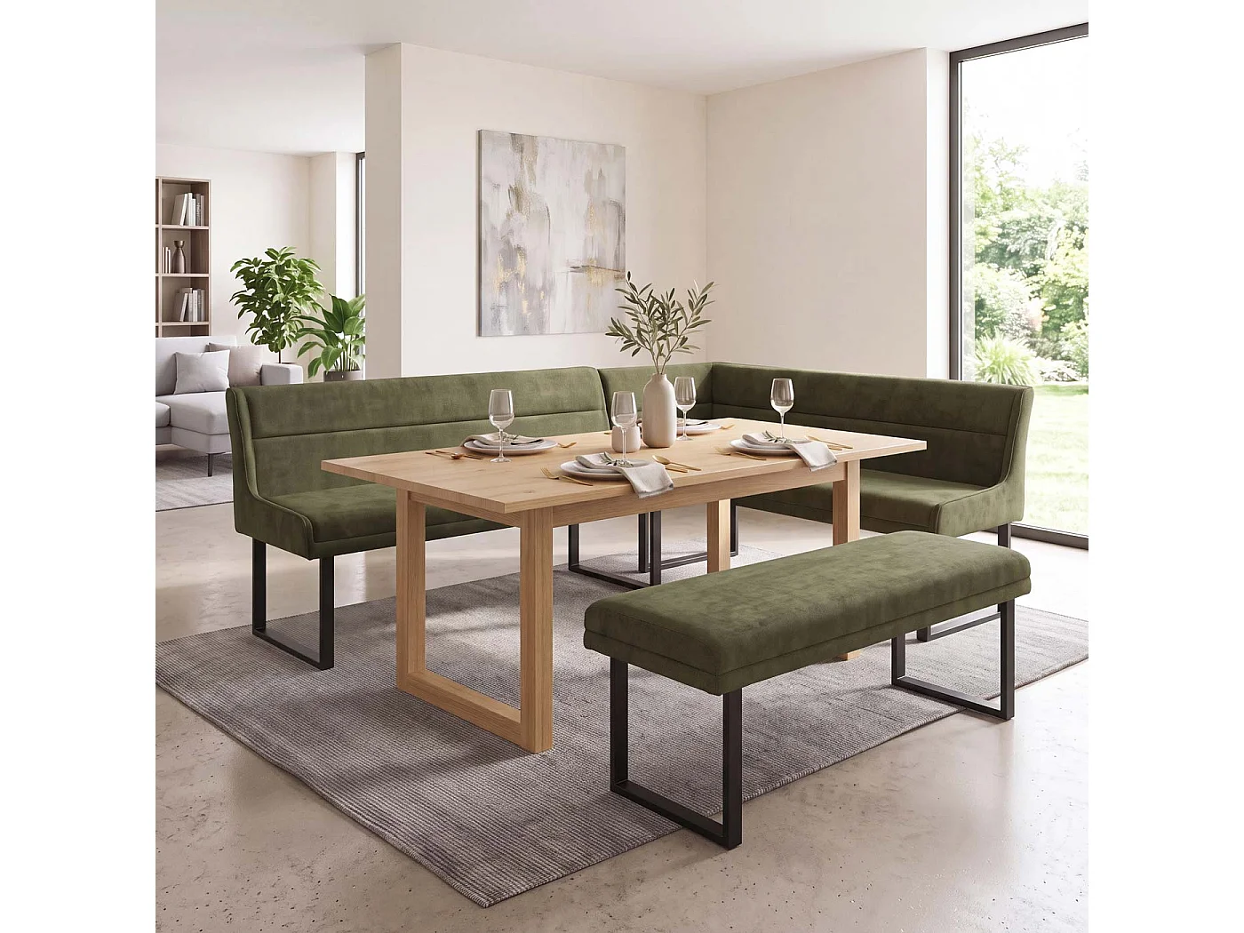 Panca angolare MCW-O81, sala da pranzo, stoffa ciniglia/tessuto Öko-Tex (310 g/m²) metallo 210 x 159 cm ~ verde