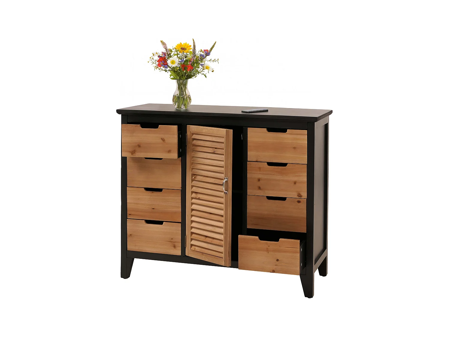 Comò cassettiera MCW-O63, armadio scomparti e cassetti, effetto persiana vintage shabby 80x91x40 cm ~ telaio nero
