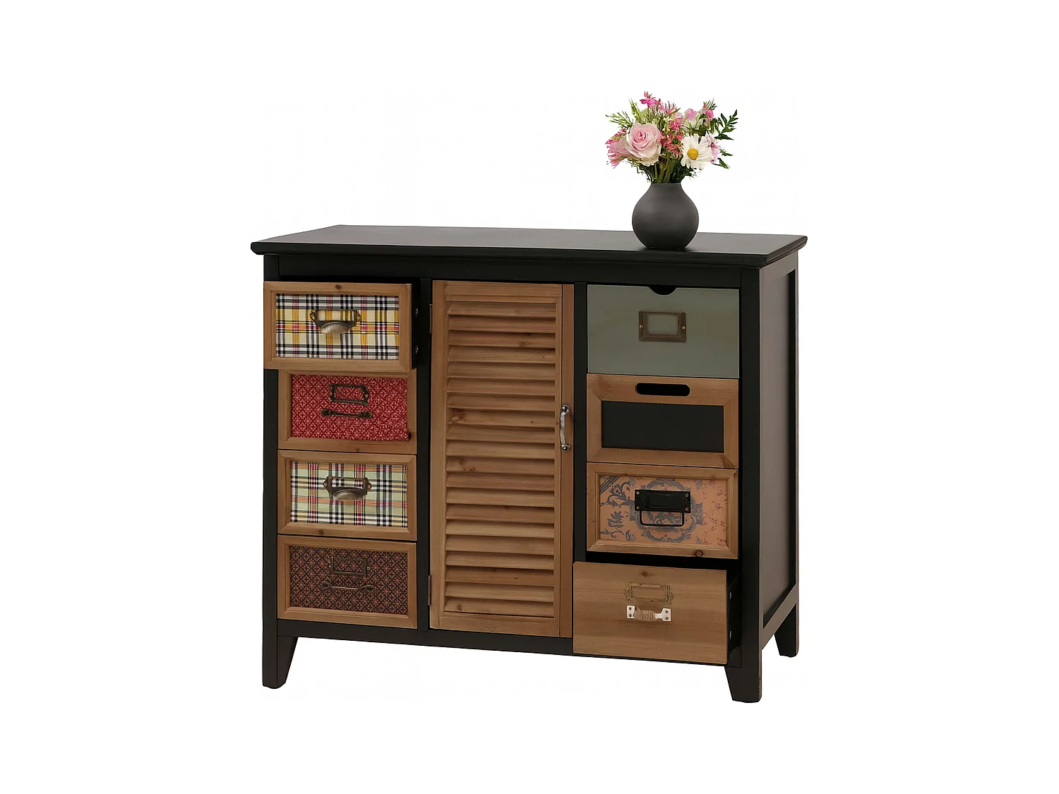 Comò cassettiera MCW-O63, armadio con cassetti, portatarghette persiana vintage shabby 80x91x40 cm ~ telaio nero