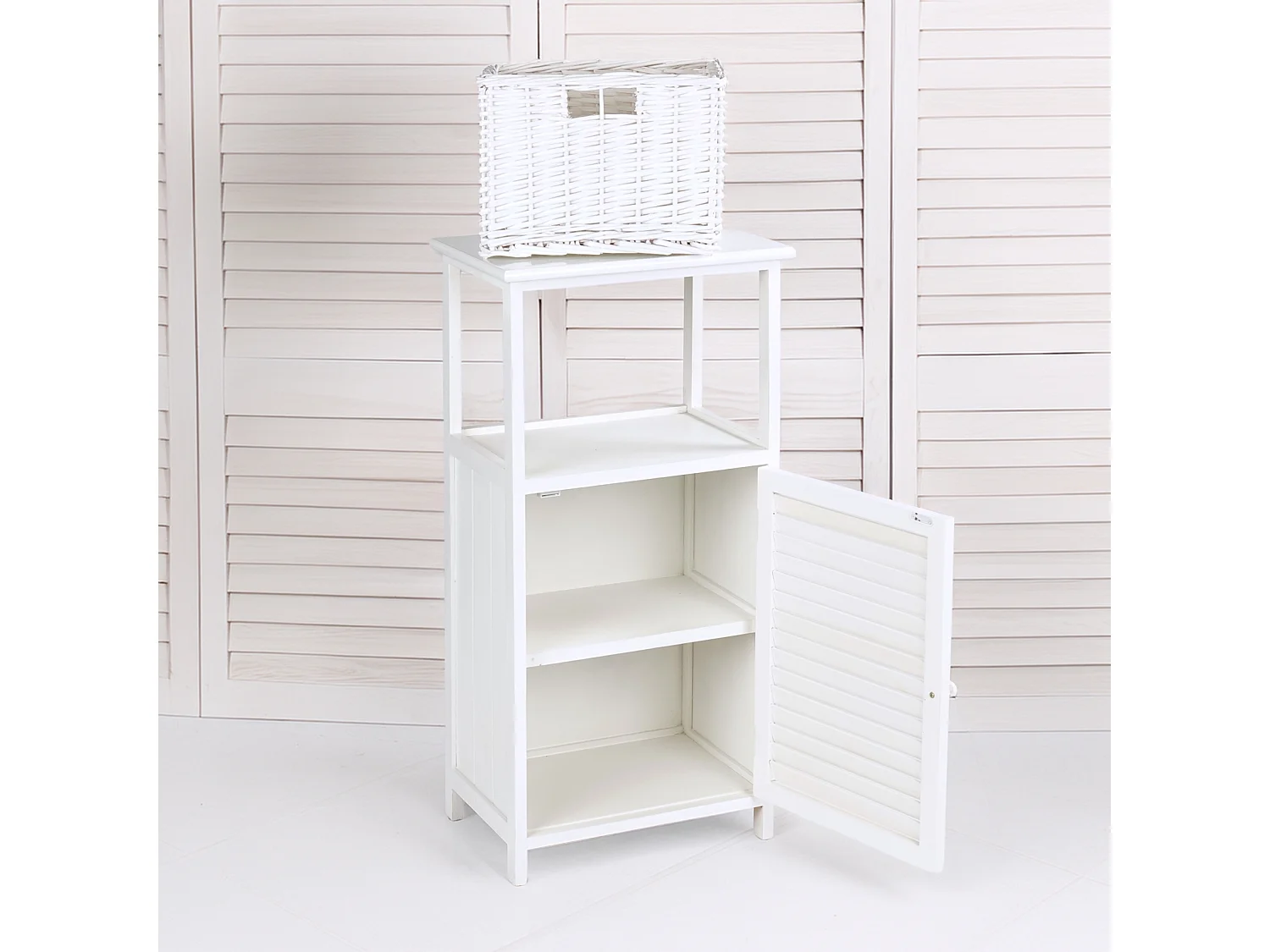 ARMOIRE DE BAIN Korg Bois massif en acajou, 1 panier couleurs naturelles, blanc