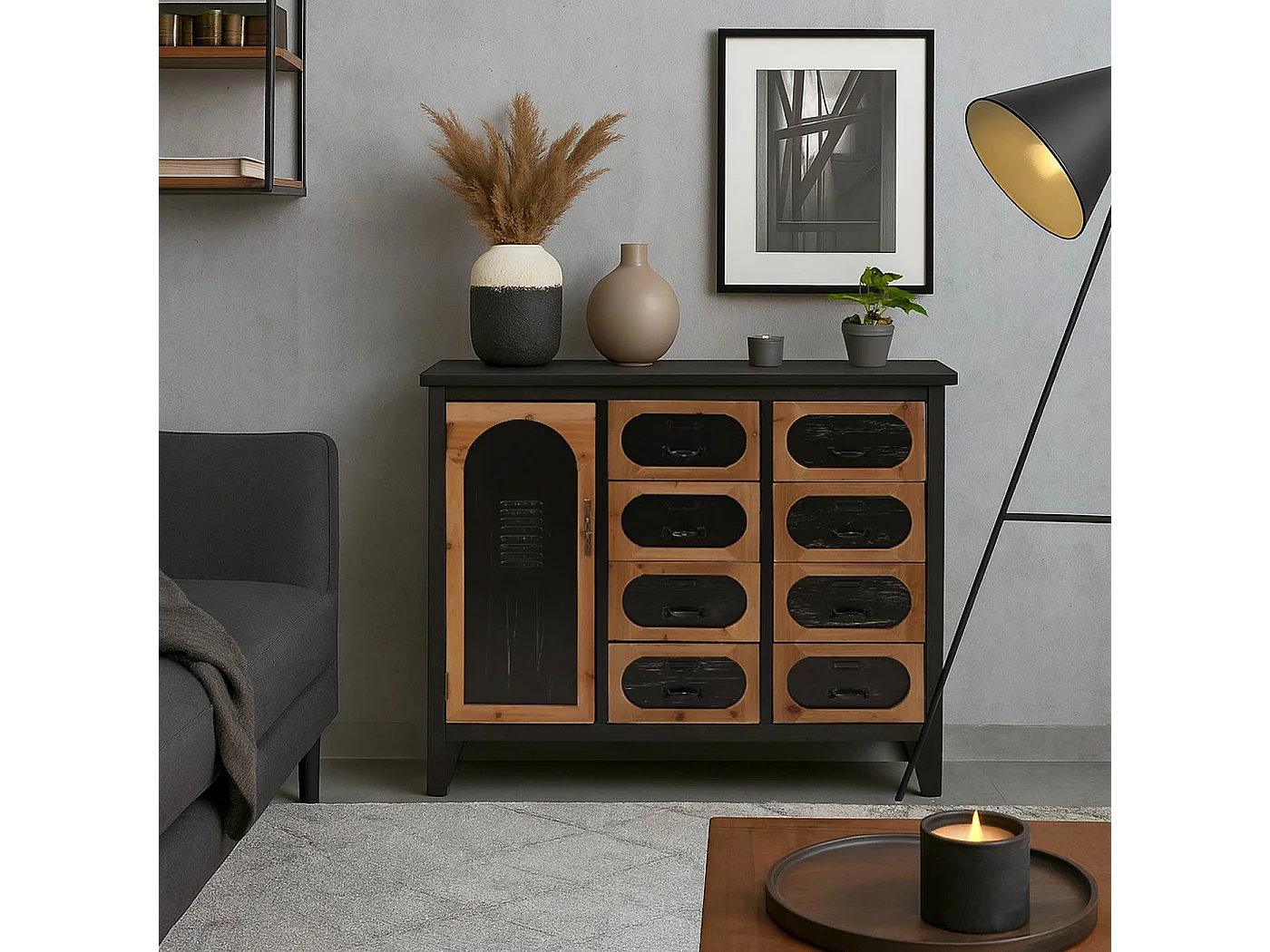 Comò da farmacia MCW-O63, armadio con cassetti e sportello vintage shabby industriale, 80x91x40 cm ~ telaio nero