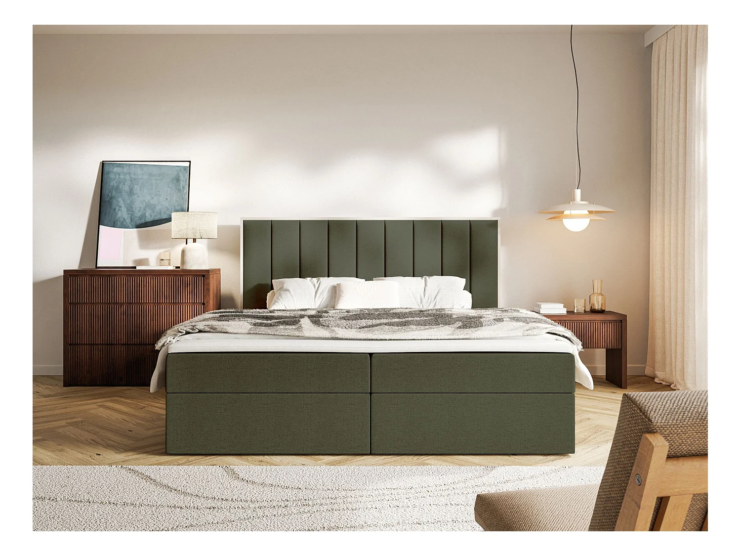 Lit boxspring 180x200 – rangement et surmatelas – chenille hydrophobe – vert foncé – TOGENTS