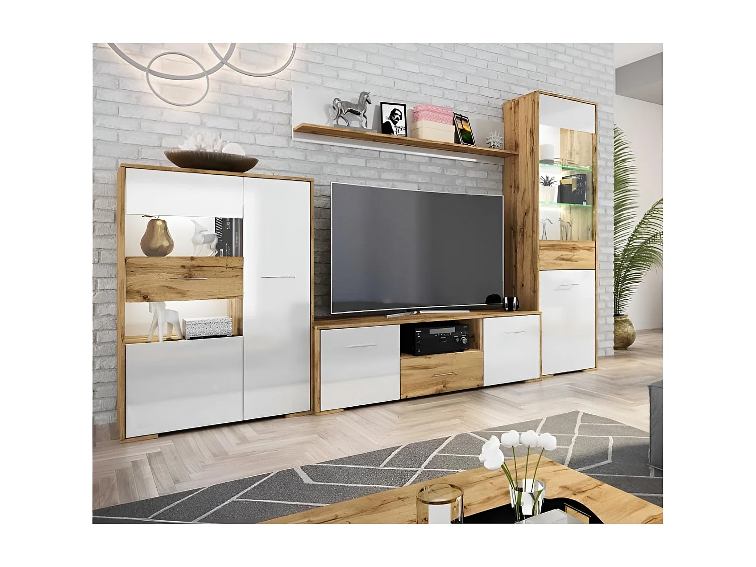 Multimedia Vigo/LED/Vetro/Cassetti e ante a battente/Bianco e Artisan