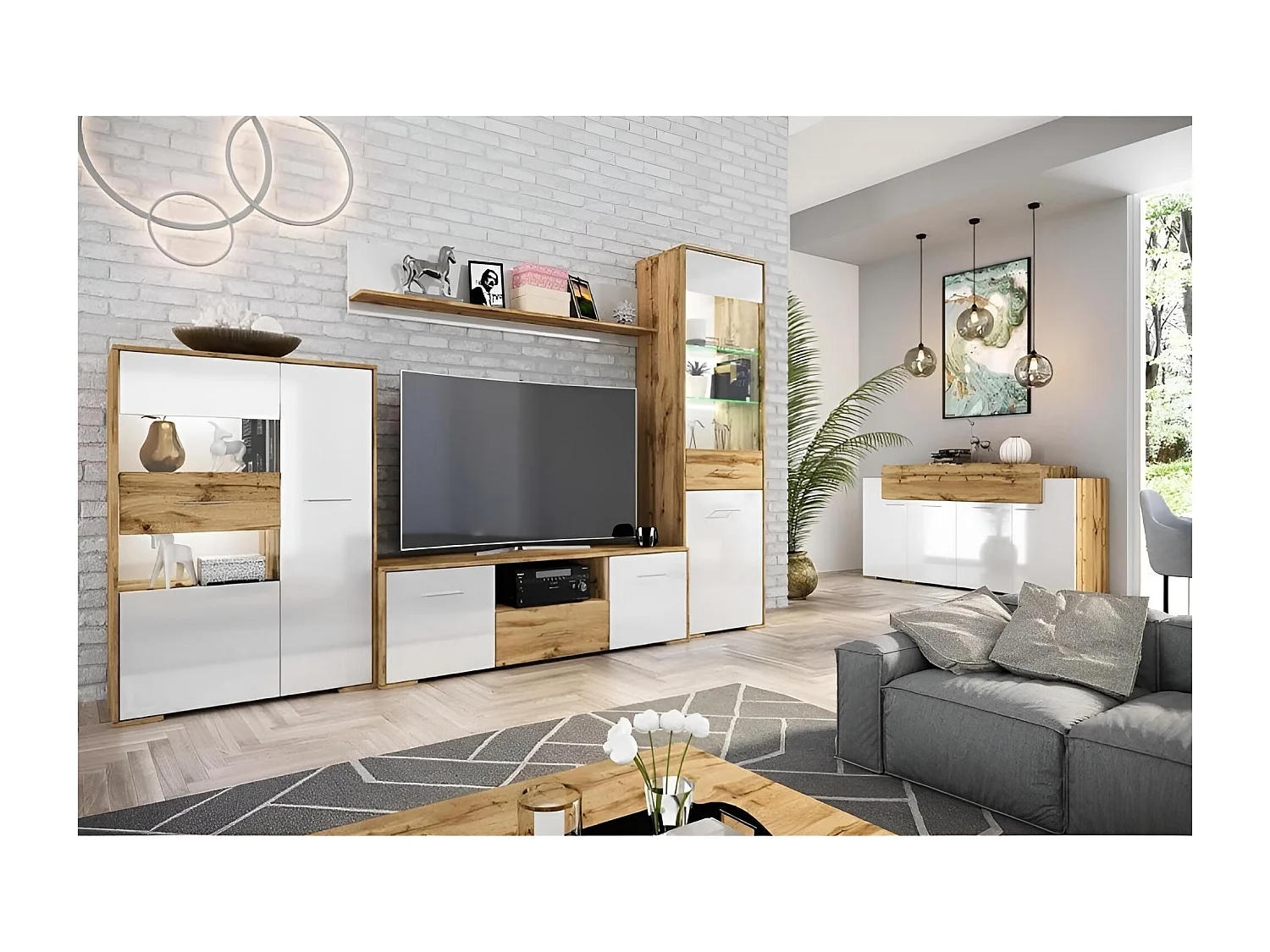 Multimedia Vigo/LED/Vetro/Cassetti e ante a battente/Bianco e Artisan