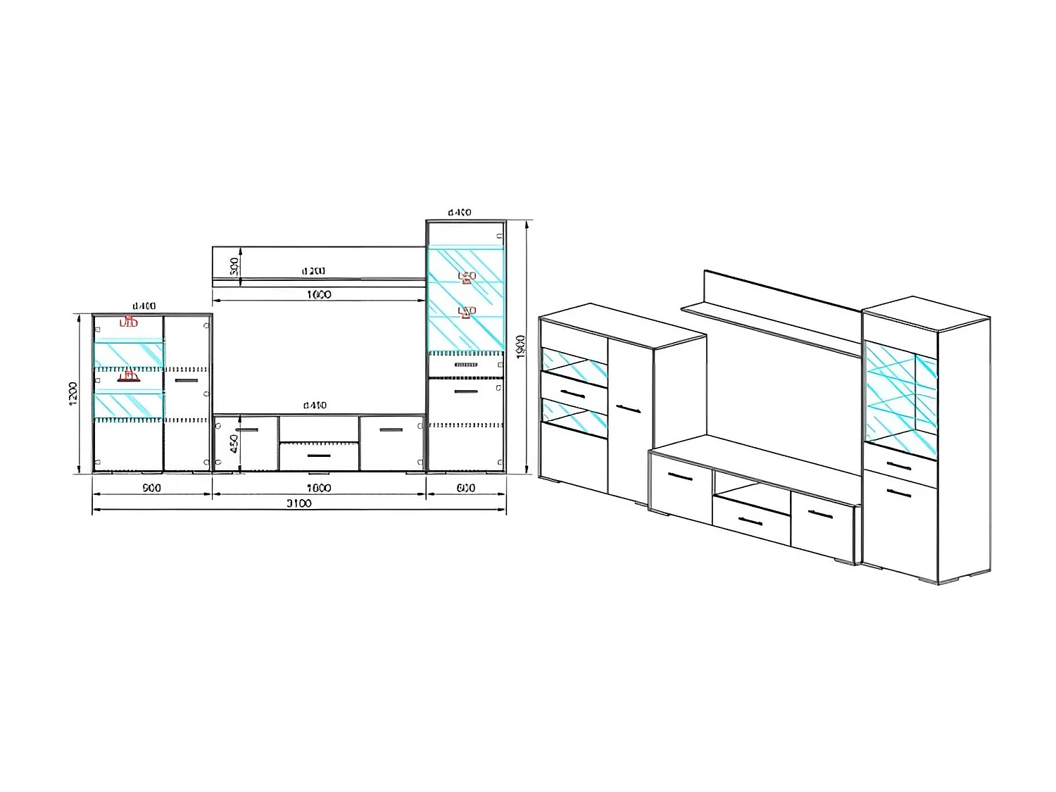 Multimedia Vigo/LED/Vetro/Cassetti e ante a battente/Bianco e Artisan