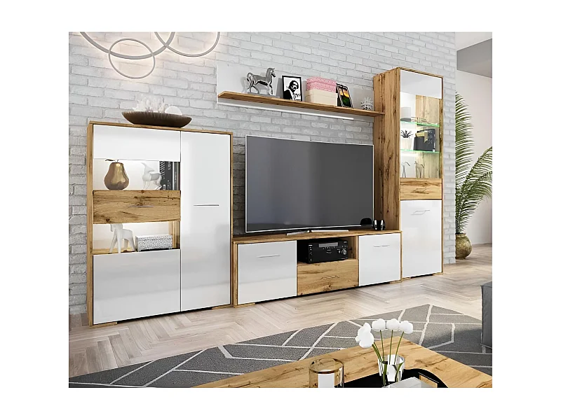 Multimedia Vigo/LED/Vetro/Cassetti e ante a battente/Bianco e Artisan