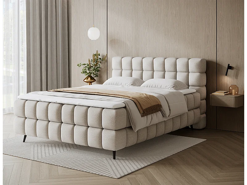 Letto box spring Damian/140x200/rivestimento in tessuto/Crema
