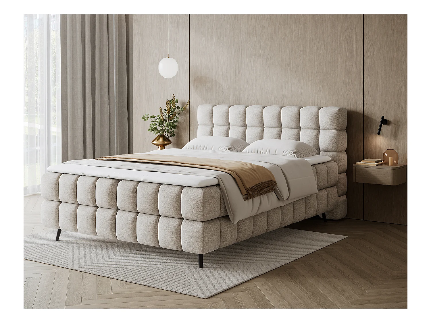 Letto box spring Damian/140x200/rivestimento in tessuto/Crema