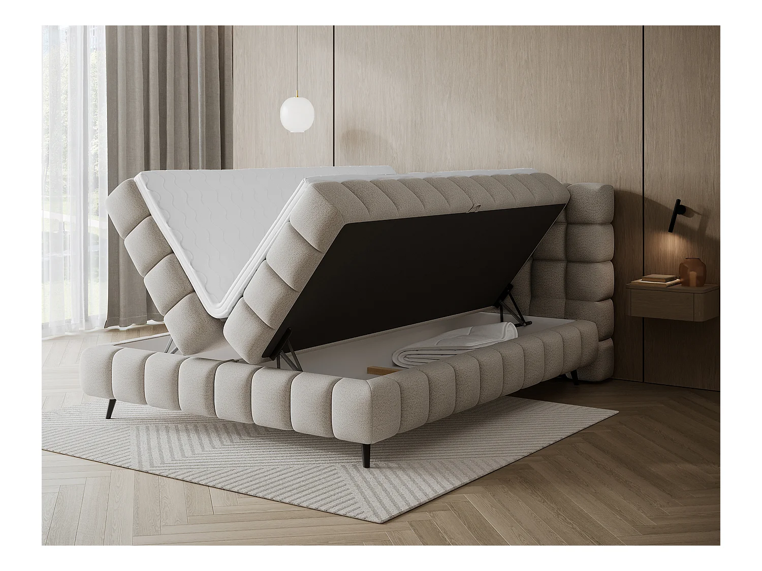 Letto box spring Damian/140x200/rivestimento in tessuto/Crema