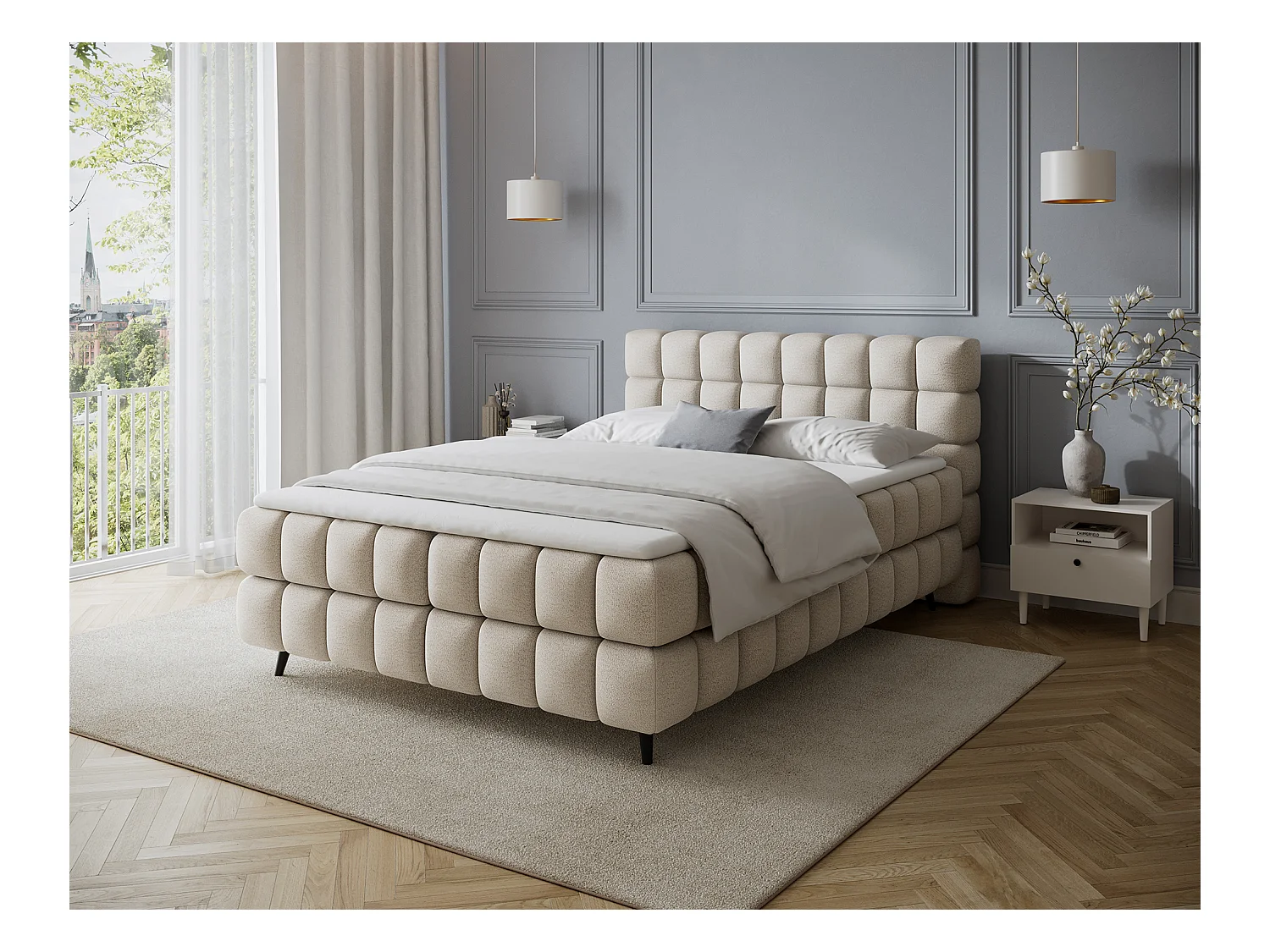 Letto box spring Damian/140x200/rivestimento in tessuto/Crema