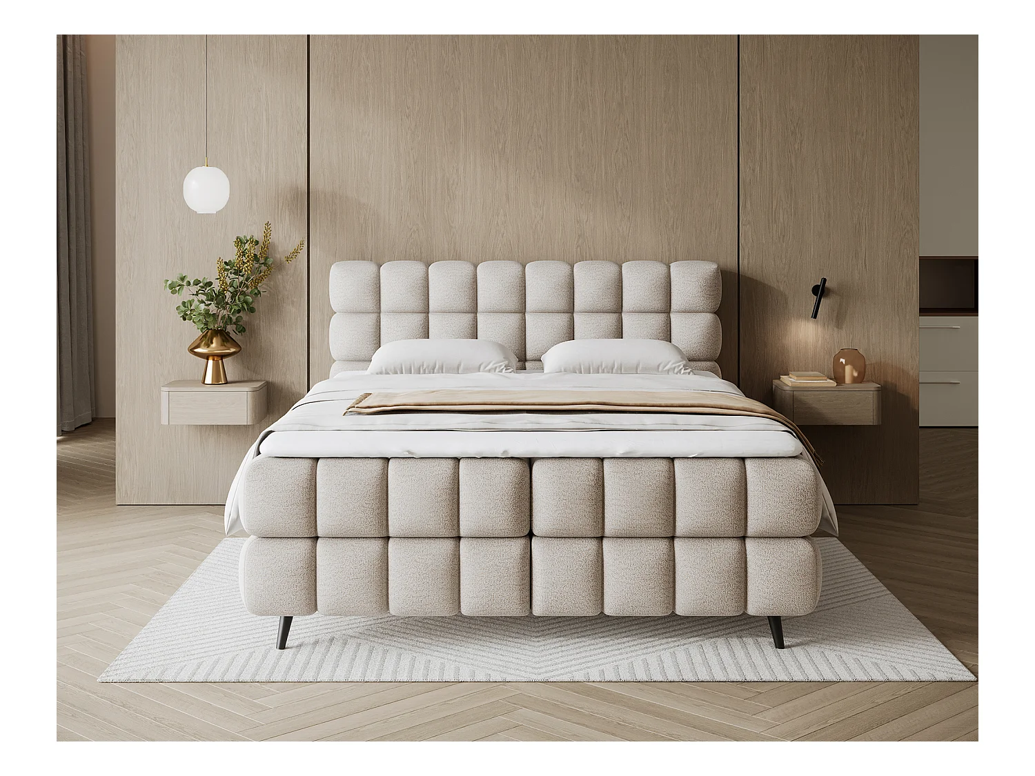 Letto box spring Damian/140x200/rivestimento in tessuto/Crema