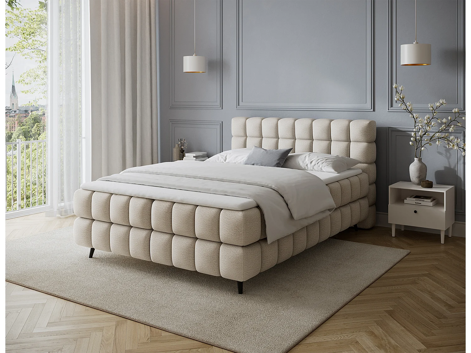 Letto box spring Damian/140x200/rivestimento in tessuto/Crema