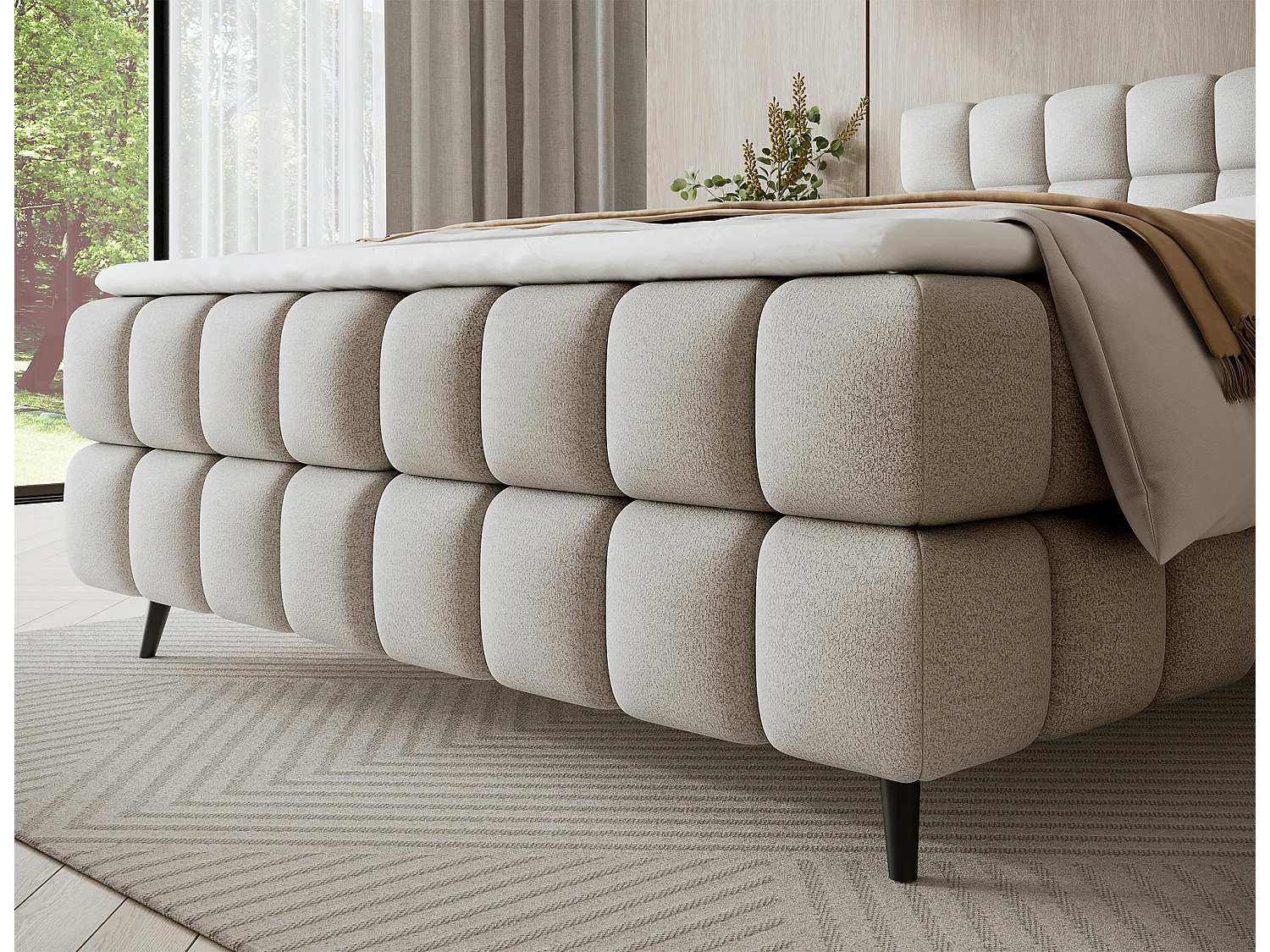 Letto box spring Damian/140x200/rivestimento in tessuto/Crema