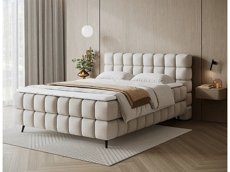 Letto box spring Damian/140x200/rivestimento in tessuto/Crema
