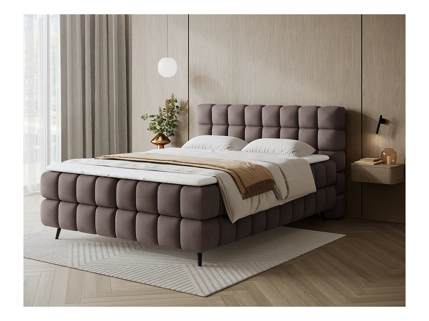 Letto box spring Damian/140x200/rivestimento in tessuto/Marrone