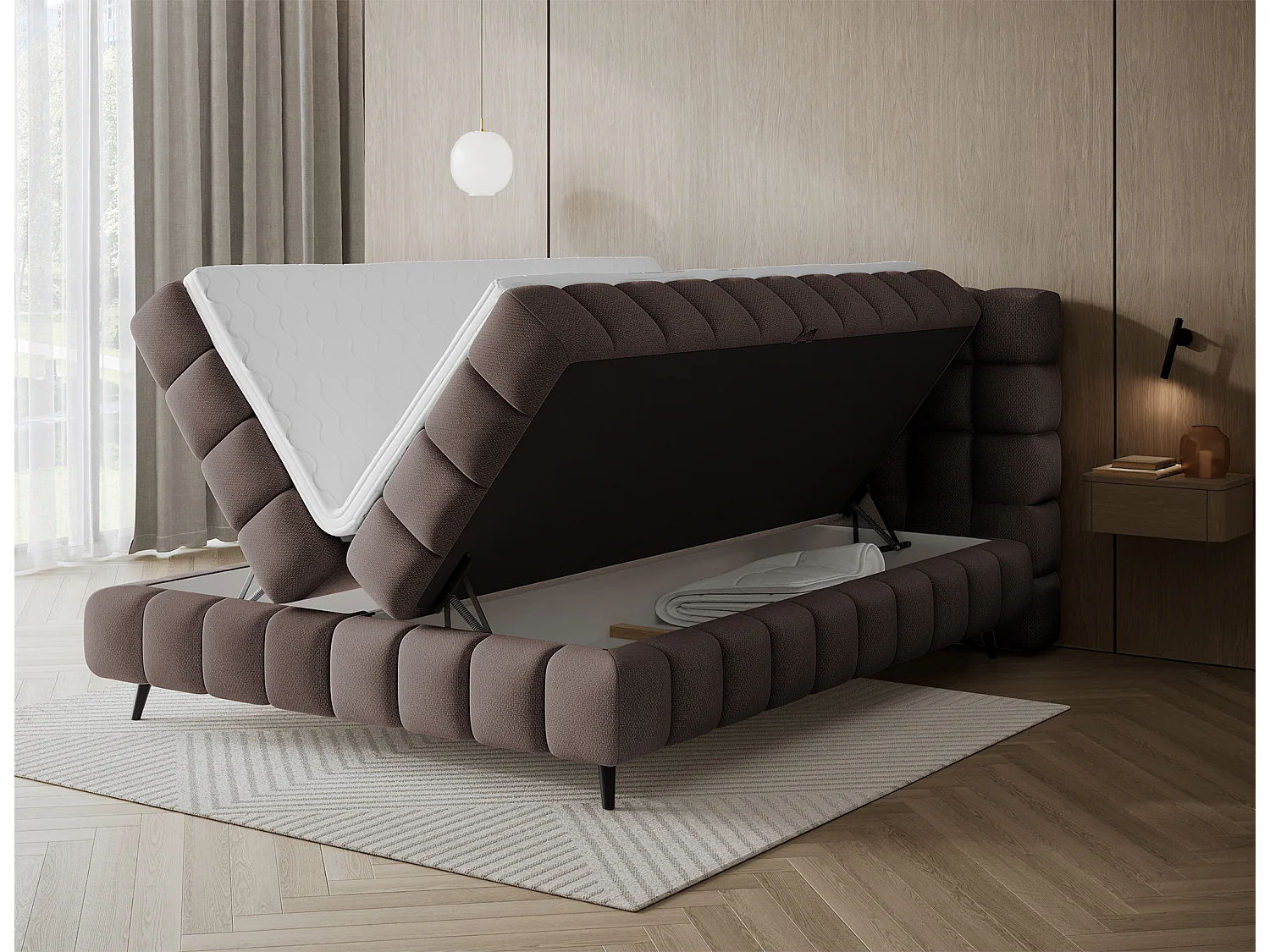 Letto box spring Damian/140x200/rivestimento in tessuto/Marrone