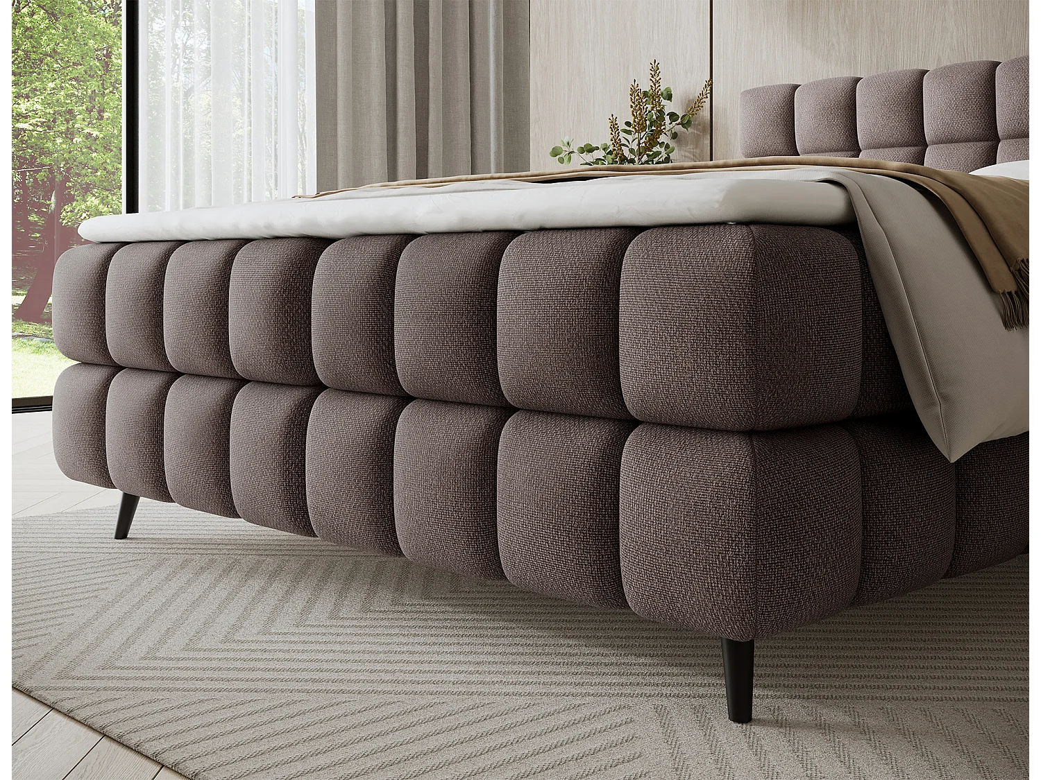 Letto box spring Damian/140x200/rivestimento in tessuto/Marrone