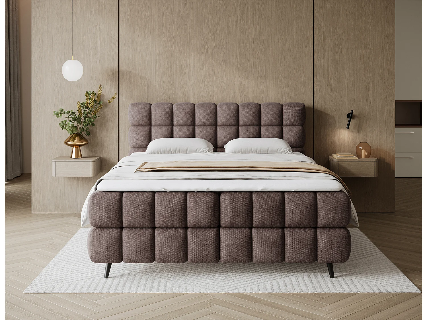 Letto box spring Damian/140x200/rivestimento in tessuto/Marrone