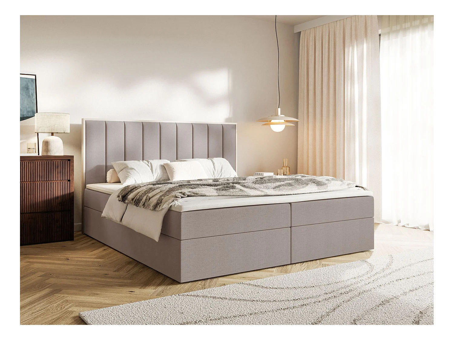 Lit boxspring 180x200 – rangement et surmatelas – chenille hydrophobe – brun – TOGENTS