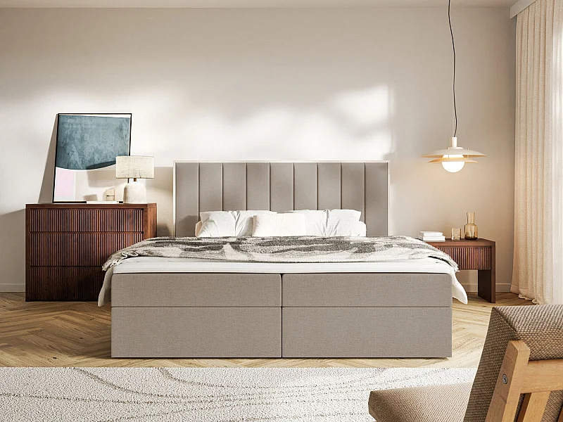 Boxspringbed 180x200 – opbergruimte en topper – hydrofobe chenille – bruin – TOGENTS