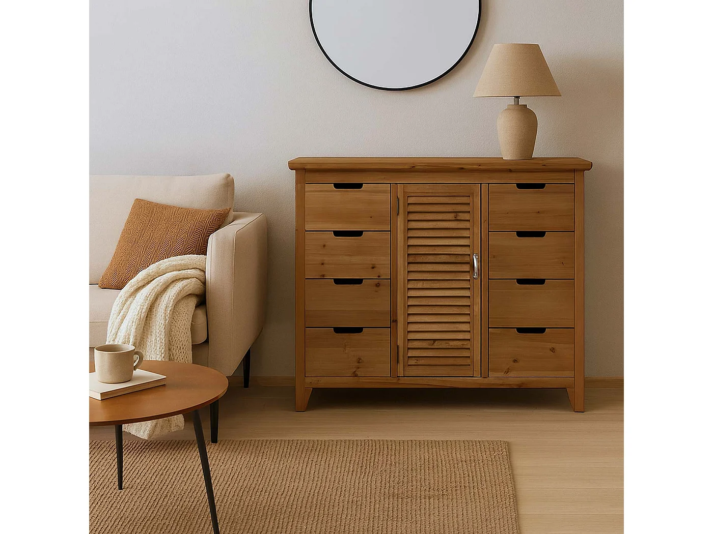 Comò cassettiera MCW-O63, armadio scomparti e cassetti, effetto persiana vintage shabby 80x91x40 cm ~ telaio naturale