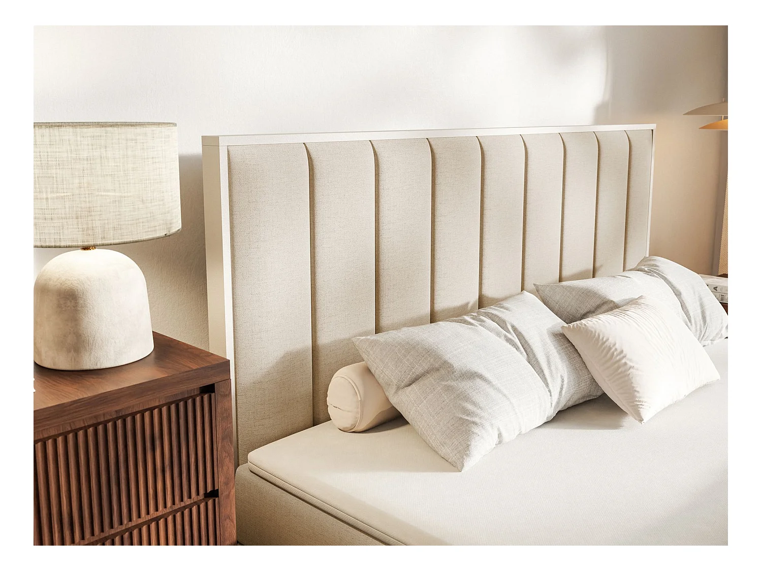 Lit boxspring 180x200 – rangement et surmatelas – chenille hydrophobe – beige – TOGENTS