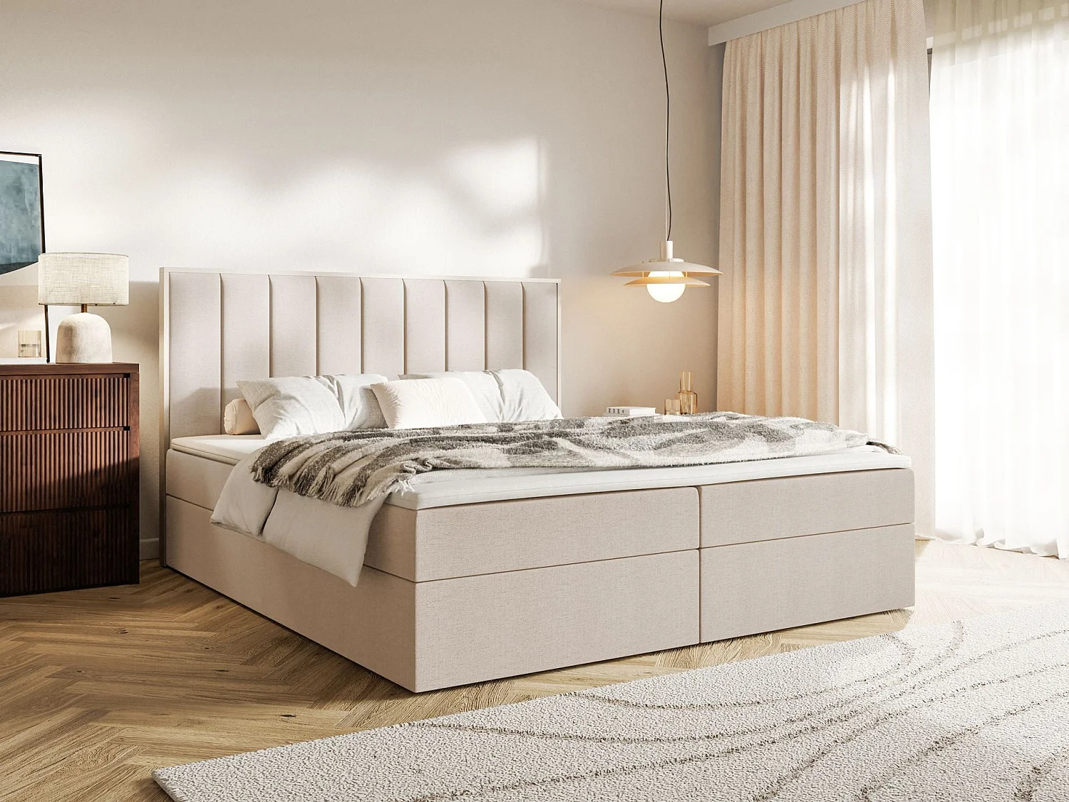 Boxspringbed 180x200 – opbergruimte en topper – hydrofobe chenille – beige – TOGENTS