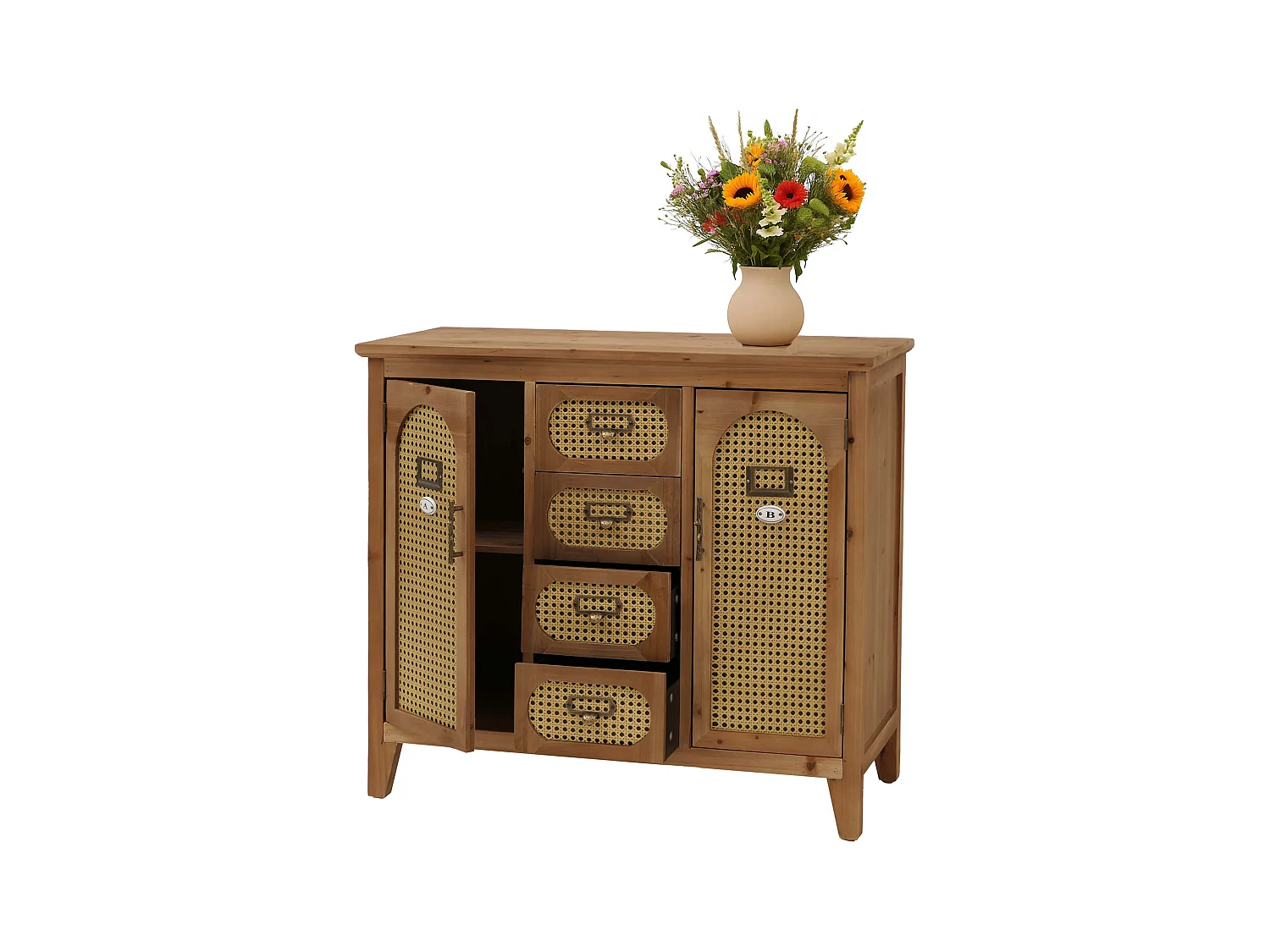 Comò da farmacia MCW-O63, credenza armadio scomparti cassetti, effetto rattan vintage, 80x91x40cm ~ telaio naturale