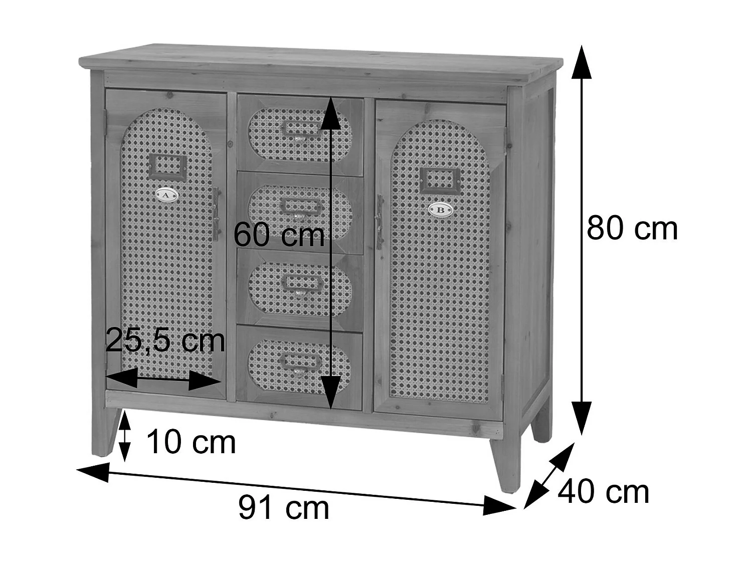 Comò da farmacia MCW-O63, credenza armadio scomparti cassetti, effetto rattan vintage, 80x91x40cm ~ telaio naturale
